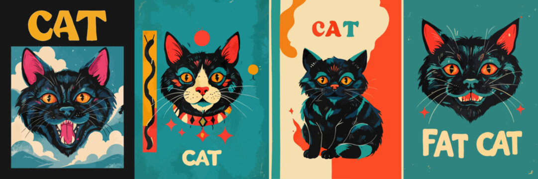 Fototapeta Set of modern poster cover design. Bright cats illustration. Watercolor vector abstract banners with the inscriptions "cat" and "fat cat". Cards for design, decoration, business, congratulations.