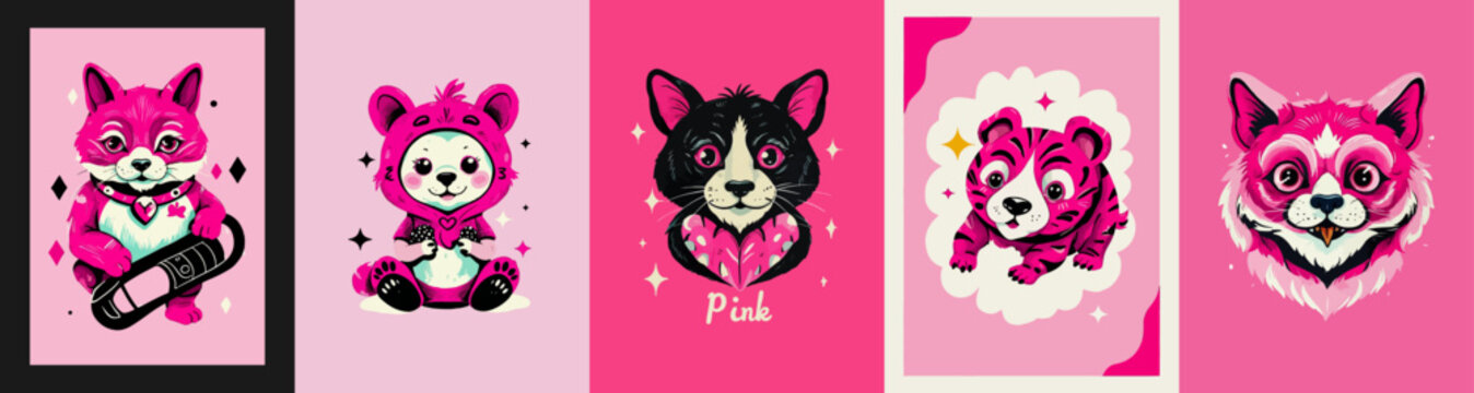Fototapeta Set of modern poster cover design. Pink, white and black animals illustration. Watercolor vector abstract banners with the inscription "pink". Cards for design, decoration, business, congratulations.