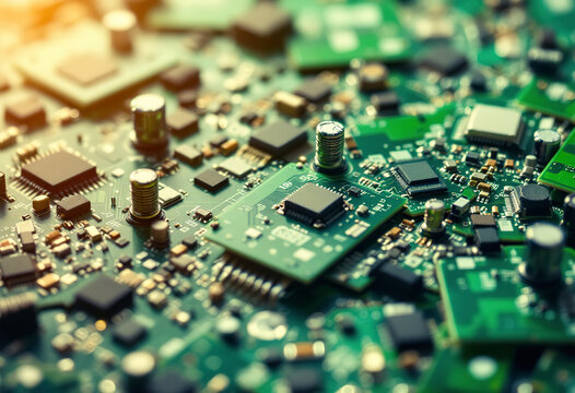 Pile of green circuit boards with electronic components