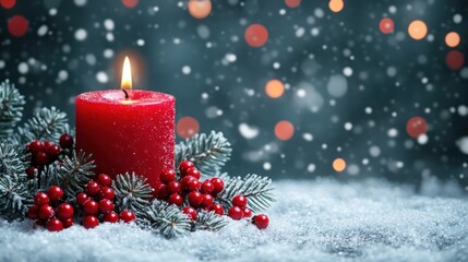 A red candle flickers among pine branches and berries, setting a cozy winter scene