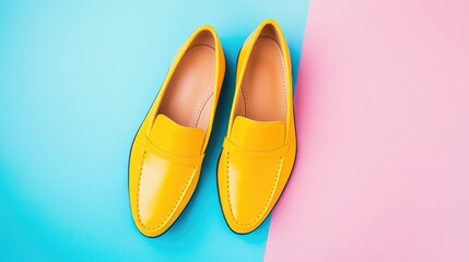 Yellow Leather Loafers on a Two-Toned Background