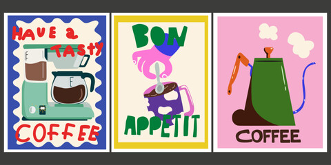 Fototapeta premium Minimalist banners for wall decor, prints, wallpaper in cute flat style. Decor for kitchens, cafes and coffee shop. Hot aroma coffee drinks. Cute retro coffee posters