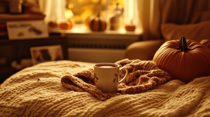 A warm autumn setting with a cozy sweater, mug of cocoa, and pumpkins, perfect for fall and Thanksgiving themes
