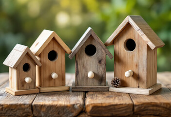 Wooden birdhouses of various sizes on a wooden surface, with a blurred background