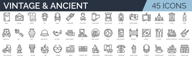Set of 45 outline icons related to vintage and ancient items. Linear icon collection. Editable stroke. Vector illustration	