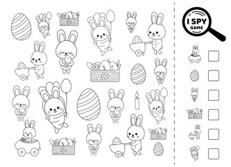 I spy black and white game for kids with cheerful bunnies. Search and count how many. Math game. Printable isolated vector illustration eps 10
