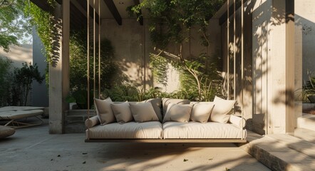 Tranquil Outdoor Seating Area with Suspended Swing Chair and Cozy Cushions