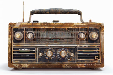 Fototapeta premium A highly detailed vintage radio with visible signs of wear and tear, isolated on grey.