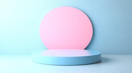 A modern, minimalistic scene featuring pastel blue and pink circular props, ideal for product photography, branding displays, or creative presentations, The soft colors create a calming