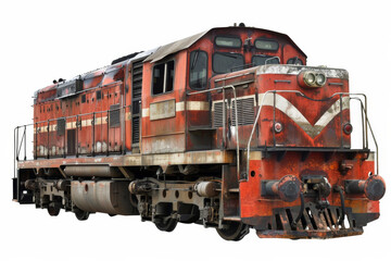 Obraz premium A vintage diesel locomotive, beautifully weathered, isolated on a white background.