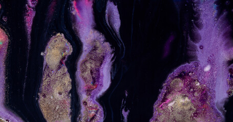 Glitter paint flow. Floating ink. Defocused blue lilac shimmering brown color fluid sparkling bright particles moving on blurred bokeh light abstract art background.