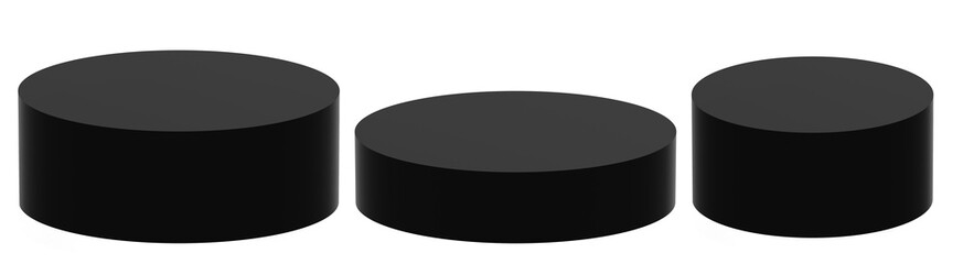 Set of 3 Black Round Stages. Minimalist 3D Black Stage of 3 Various Size. Low and High Cylindrical Podiums a White Background, ideal for Product Presentation. Simple Geometric Mokup Product Display. 