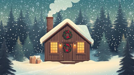 Naklejka premium Magical Winter Night at the Cottage - Cozy Cabin Christmas Night