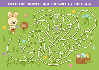 Egg hunt, maze. Choose right path to the box of Easter eggs. Cartoon, isolated vector illustration eps 10
