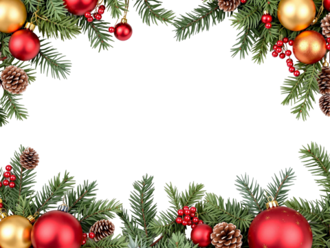 Christmas decoration with Frame the flowers is red and poinsettia, Christmas  tree, ball, red berry,  branch on transparent background - Powered by Adobe