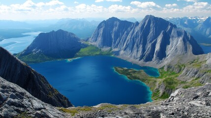 A breathtaking view of rugged mountain surrounding a serene blue lake under a clear sky.
