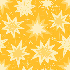 Vector seamless pattern with shining stars and fireworks bursts