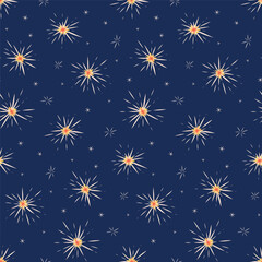 Vector seamless pattern with shining sparkles and fireworks flashes