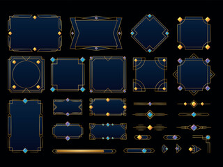 Medieval game frames. Dark fantasy rpg gaming ux ui window frame, gothic interface menu border button bar golden art deco ornament title antique design swanky vector illustration © ssstocker