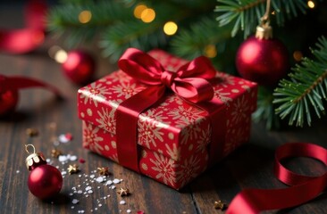 Christmas Gift Wrapped in Red Paper with Golden Stars and Bow