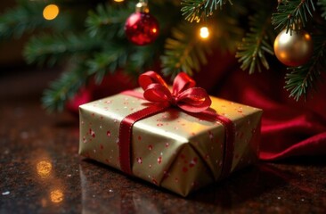 Christmas Gift Wrapped in Gold Paper with Red Stars and Red Ribbon