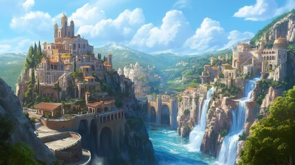 Fototapeta premium A picturesque landscape featuring majestic waterfalls, a vibrant city, and lush mountain under a bright sky.