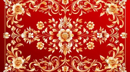 Vibrant floral pattern on a red background with intricate designs. Red background, wall paper,