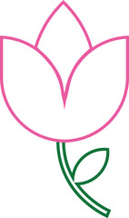 Rose flower with green leaf icon pink vector  flat and line symbol isolated on transparent background. Simple rose blossom nature gardening love Valentine's day theme sign