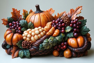A decorative arrangement of pumpkins, grapes, and leaves, symbolizing harvest and abundance.