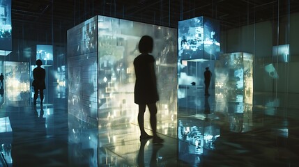  Mirrored cubes reflecting distorted images of the surrounding view, creating an abstract visual...