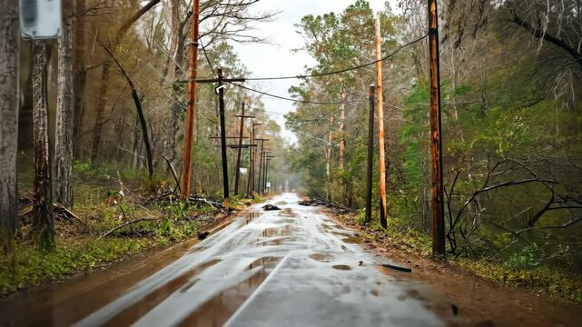 Hurricane Aftermath: A Devastated Road Through a Flooded Forest
