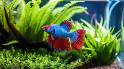 Fototapeta premium The Siamese fighting fish, also known as beta, swims in its aquarium. The fish has an iridescent blue body, a long tail and a bright red head. The aquarium is decorated with lush green plants.