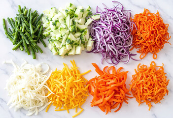 a marble surface with freshly shredded vegetables arranged in rows