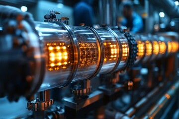 Obraz premium A detailed close-up of a hydrogen fuel cell within an industrial environment, showcasing its advanced design and illuminated orange LEDs. 