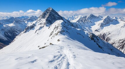 Fototapeta premium Snow-covered mountain landscape with a clear blue sky and rugged peaks in the background.