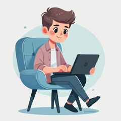 a boy is using his laptop vector