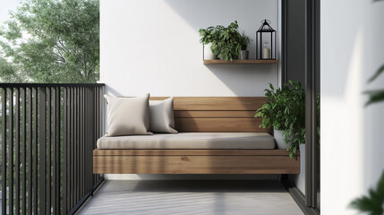 Fototapeta premium Minimalist balcony with sleek wooden bench, hidden storage, potted plants, lantern, concrete floor, and black metal railing, creating a functional and modern atmosphere.
