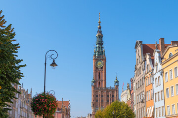 View of Gdansk Main Town Hall. the Gothic-Renaissance historic building in the city center. Architectural details. Cityscape.