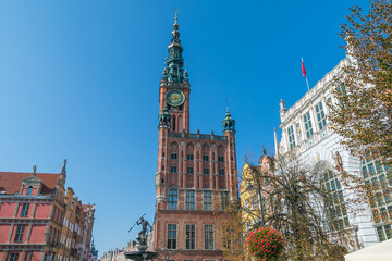 View of Gdansk Main Town Hall. the Gothic-Renaissance historic building in the city center. Architectural details. Cityscape.