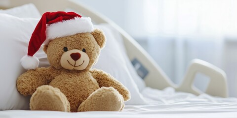 Fototapeta premium teddy bear with a Santa hat sits beside a child in a hospital bed, offering comfort and companionship during a difficult time. A symbol of hope, resilience, and care in moments of hardship.