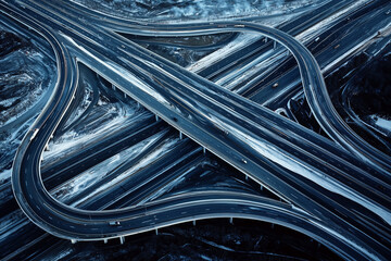 Aerial View of Busy Expressway and Autobahn, Top-Down Perspective of Traffic and Road Infrastructure, Professional Photography

