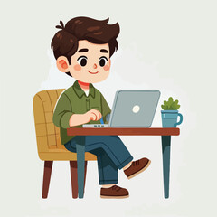 a boy is using his laptop vector