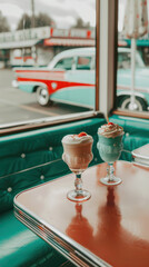 Milkshake on diner table with vintage car in the background. Nostalgic retro setting