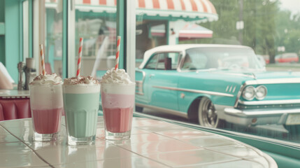 Milkshake on diner table with vintage car in the background. Nostalgic retro setting