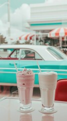 Milkshake on diner table with vintage car in the background. Nostalgic retro setting