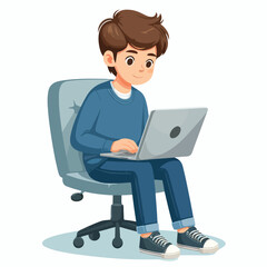 a boy is using his laptop vector