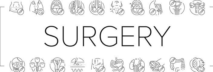 surgery health medical skin icons set vector. beauty surgical, disease treatment, pharmacy breast, face cosmetic, surgeon, stroke surgery health medical skin black contour illustrations