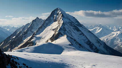 Naklejka premium Majestic snow-capped mountain peak with glacier, panoramic view.