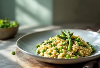 a creamy risotto with asparagus beans, zucchini, and green peas