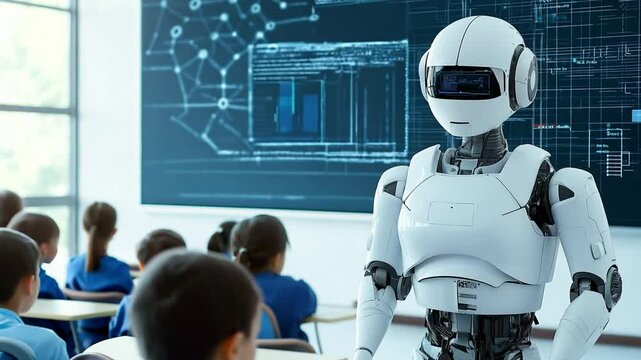 School students attentively observe as a humanoid robot conducts an interactive lesson in a contemporary learning environment focused on technology